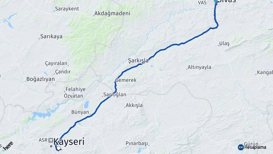 Sivas Talas Kayseri Arası Kaç Km - Yol Haritası