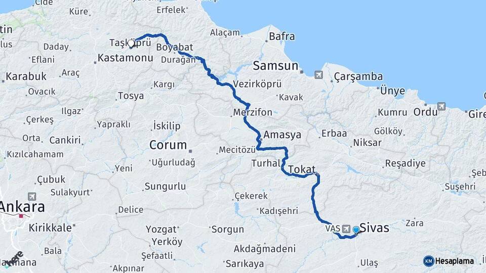 Sivas Taşköprü Kastamonu Arası Kaç Km - Yol Haritası