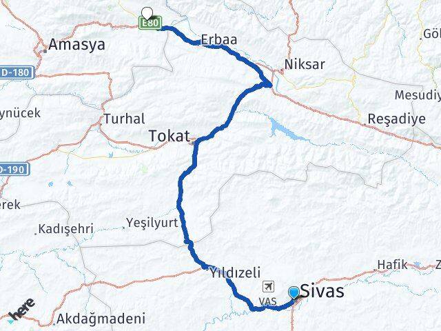 Sivas Taşova Amasya Arası Kaç Km - Yol Haritası