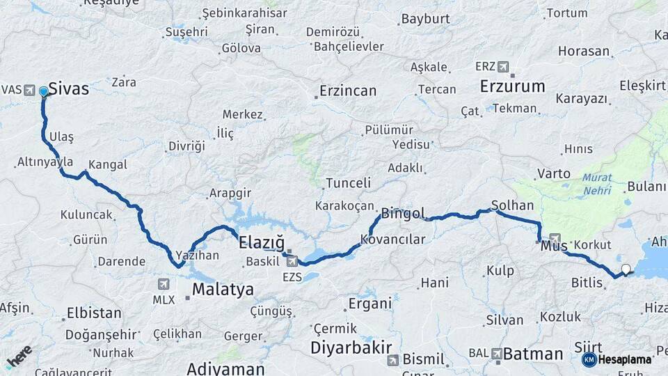 Sivas Tatvan Bitlis Arası Kaç Km - Yol Haritası