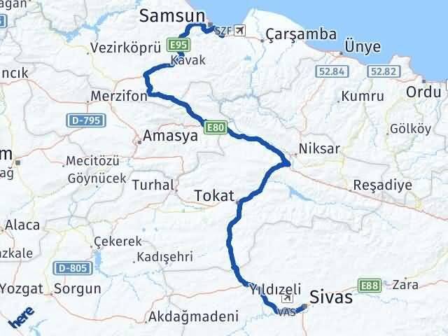 Sivas Tekkeköy Samsun Arası Kaç Km - Yol Haritası