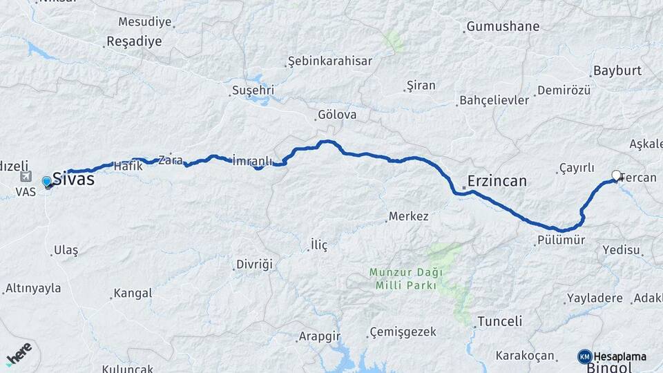Sivas Tercan Erzincan Arası Kaç Km - Yol Haritası