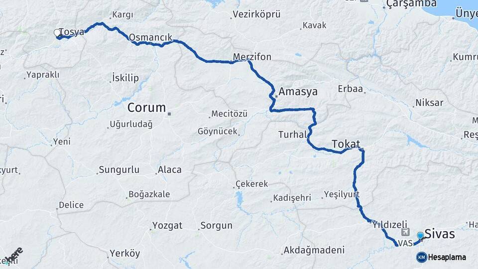 Sivas Tosya Kastamonu Arası Kaç Km - Yol Haritası