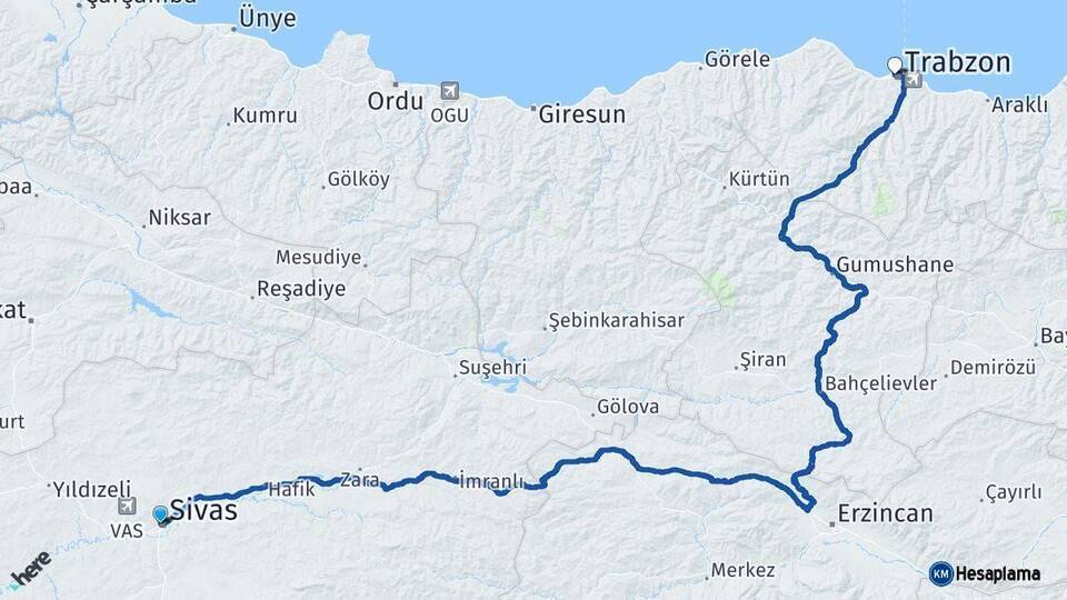 Sivas Trabzon Arası Kaç Km - Yol Haritası