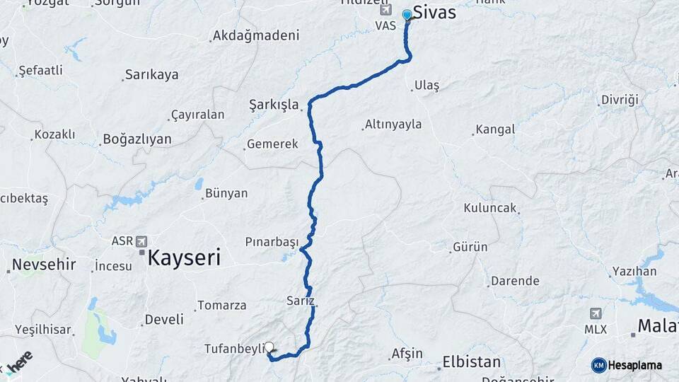 Sivas Tufanbeyli Adana Arası Kaç Km - Yol Haritası