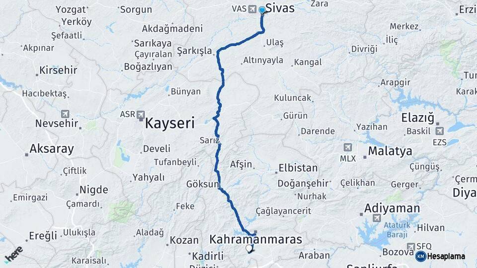 Sivas Türkoğlu Kahramanmaraş Arası Kaç Km - Yol Haritası