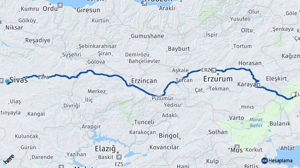 Sivas Tutak Ağrı Arası Kaç Km - Yol Haritası
