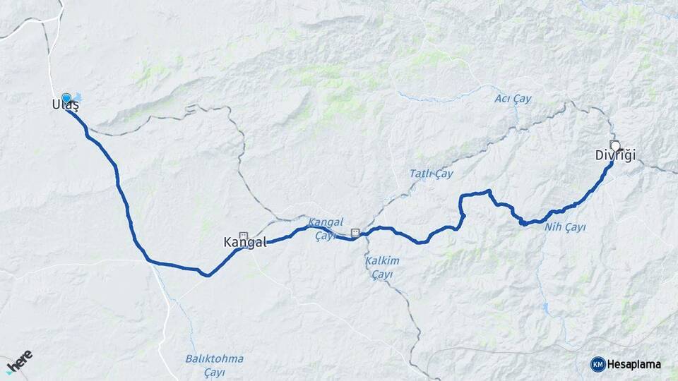 Sivas Ulaş Divriği Arası Kaç Km - Yol Haritası