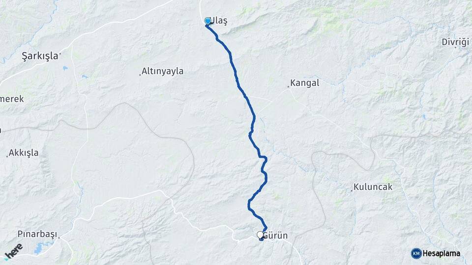 Sivas Ulaş Gürün Arası Kaç Km - Yol Haritası