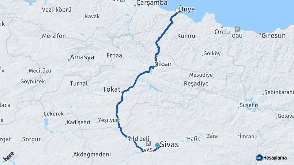 Sivas Ünye Ordu Arası Kaç Km - Yol Haritası
