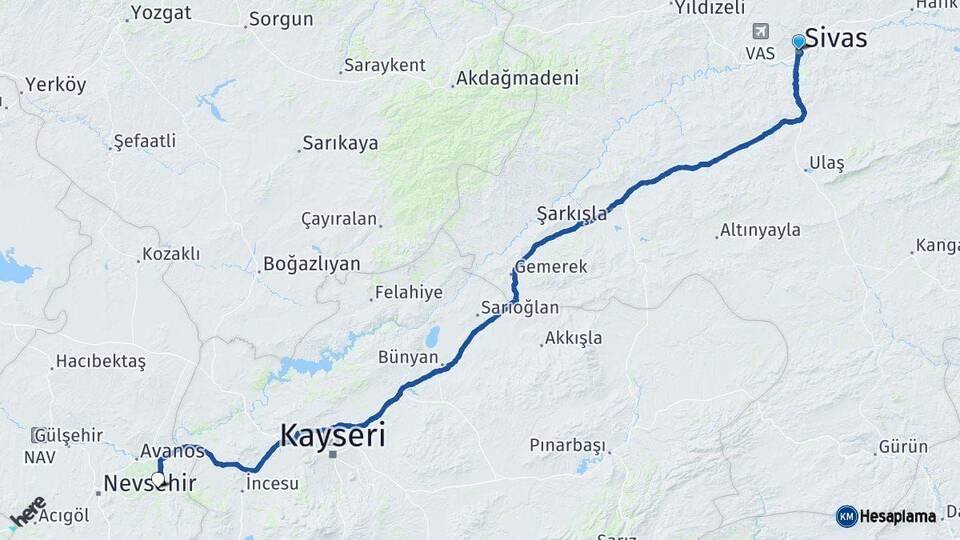 Sivas Ürgüp Nevşehir Arası Kaç Km - Yol Haritası