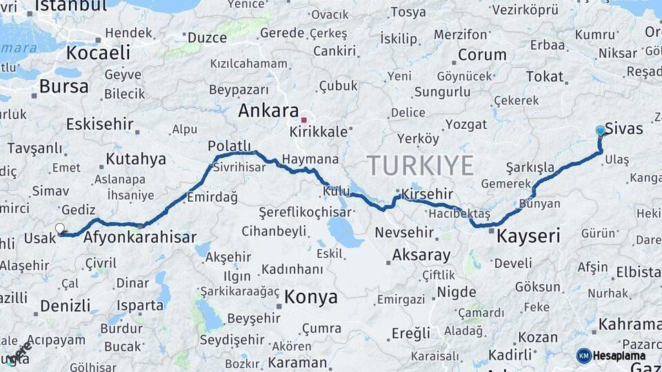 Sivas Uşak Arası Kaç Km - Yol Haritası