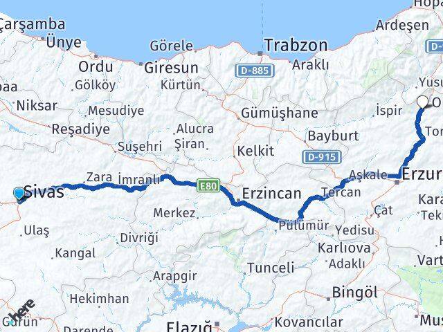 Sivas Uzundere Erzurum Arası Kaç Km - Yol Haritası