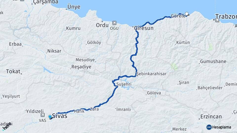 Sivas Vakfıkebir Trabzon Arası Kaç Km - Yol Haritası