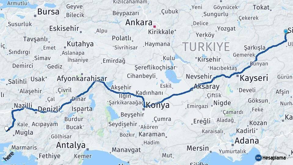 Sivas Yatağan Muğla Arası Kaç Km - Yol Haritası