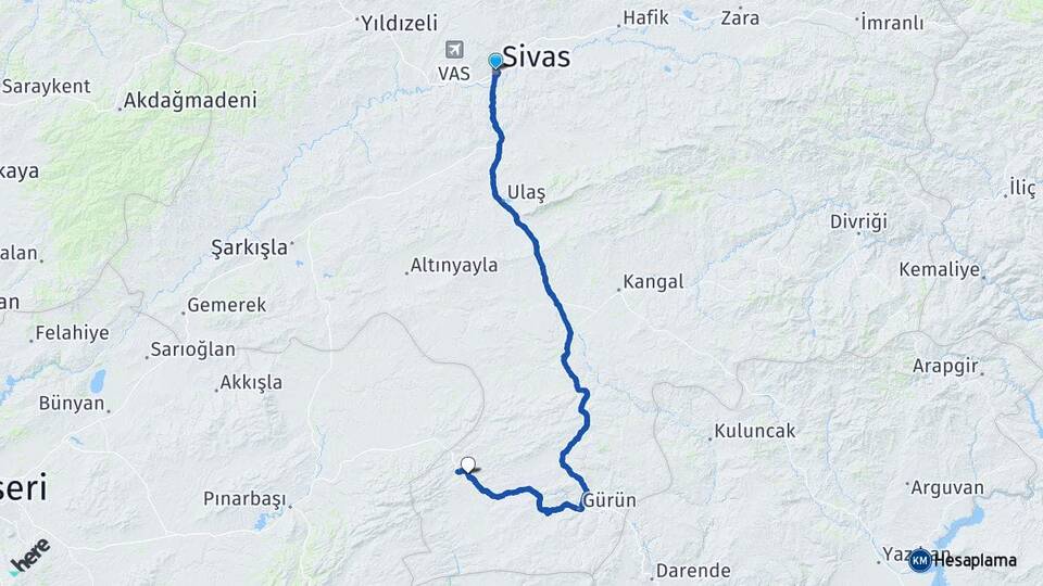 Sivas Yazyurdu Gürün Arası Kaç Km - Yol Haritası