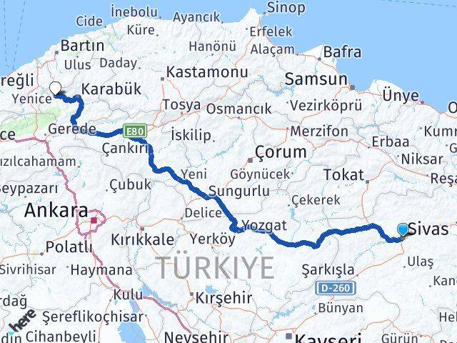 Sivas Yenice Karabük Arası Kaç Km - Yol Haritası