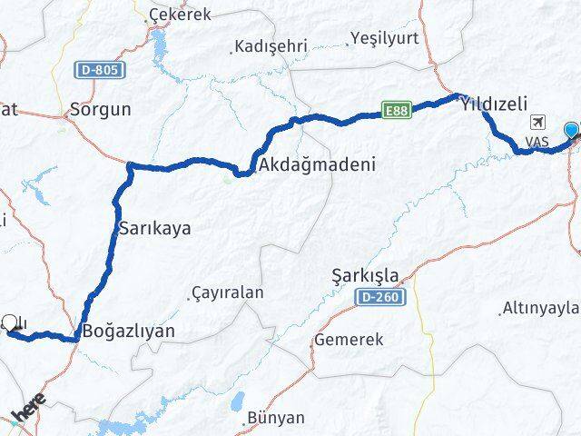 Sivas Yenifakılı Yozgat Arası Kaç Km - Yol Haritası