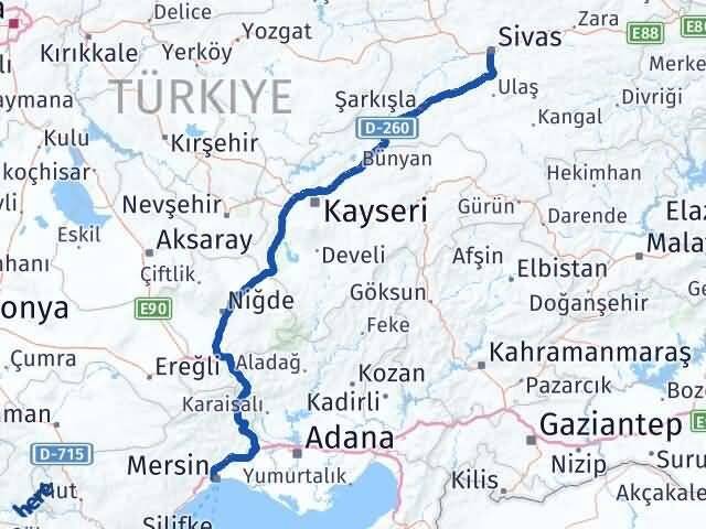 Sivas Yenişehir Mersin Arası Kaç Km - Yol Haritası