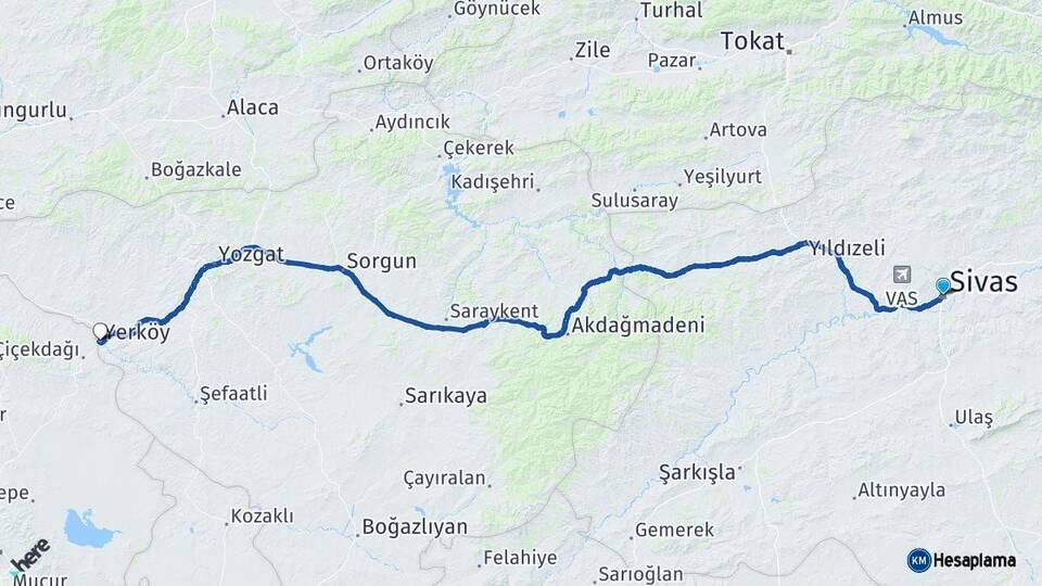 Sivas Yerköy Yozgat Arası Kaç Km - Yol Haritası
