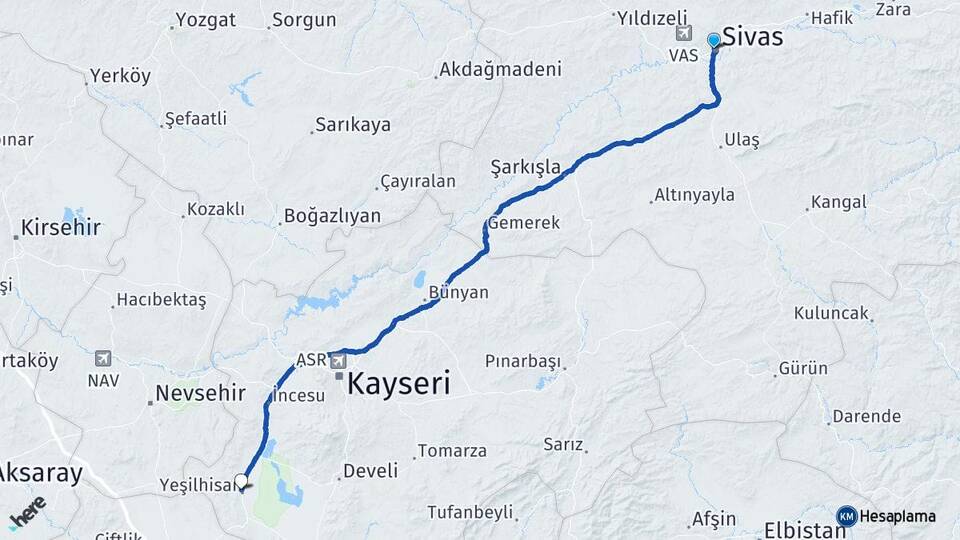 Sivas Yeşilhisar Kayseri Arası Kaç Km - Yol Haritası