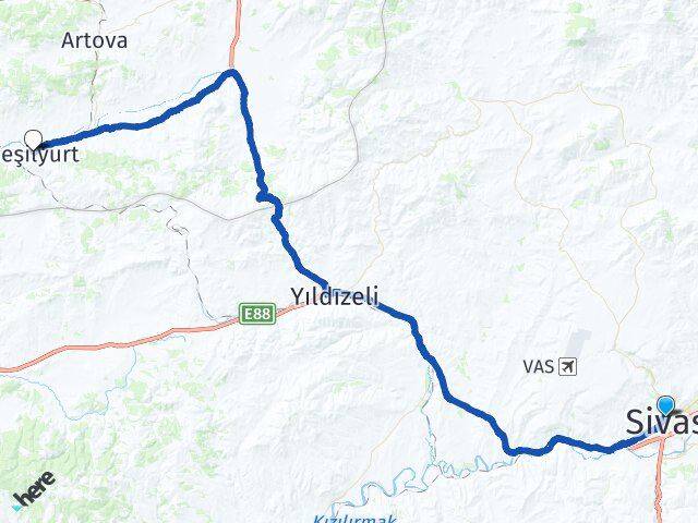 Sivas Yeşilyurt Tokat Arası Kaç Km - Yol Haritası