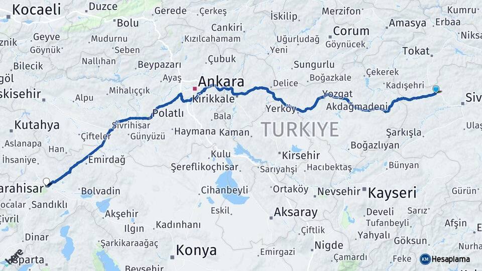 Sivas Yıldızeli Afyonkarahisar Arası Kaç Km - Yol Haritası