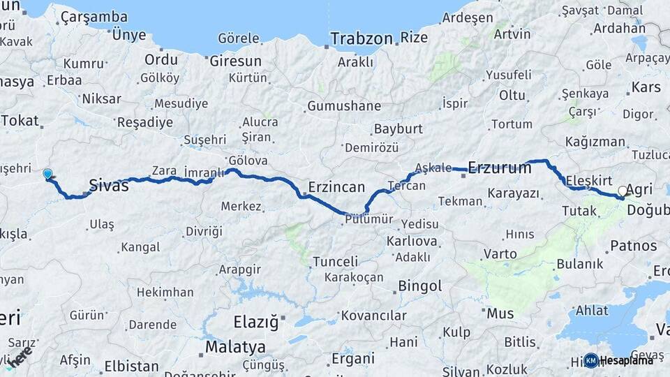 Sivas Yıldızeli Ağrı Arası Kaç Km - Yol Haritası