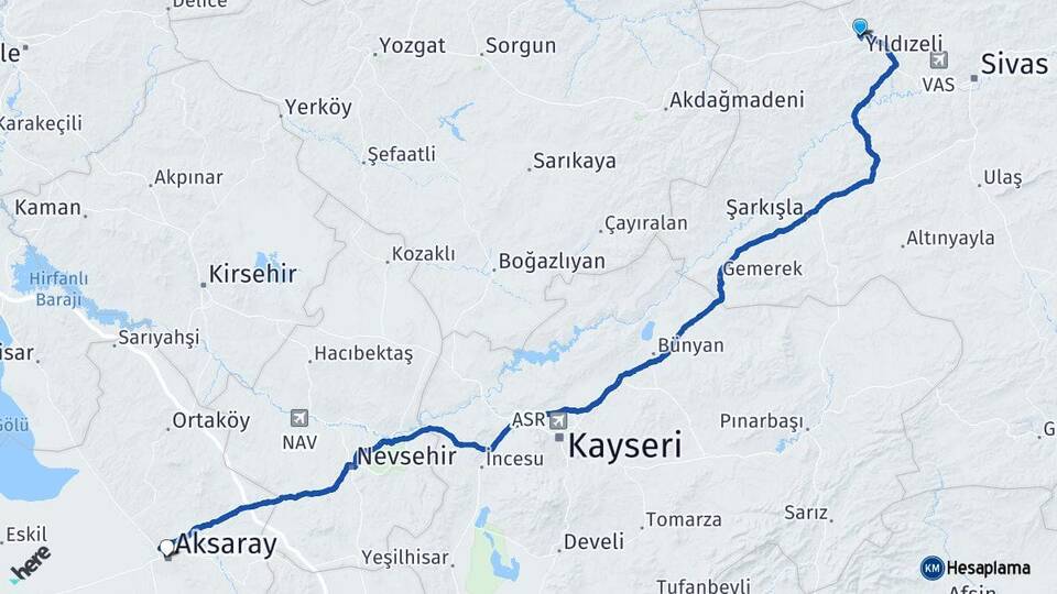 Sivas Yıldızeli Aksaray Arası Kaç Km - Yol Haritası