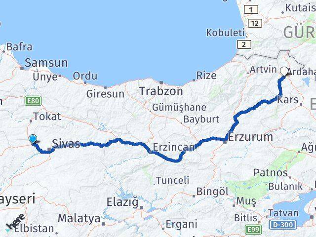 Sivas Yıldızeli Ardahan Arası Kaç Km - Yol Haritası