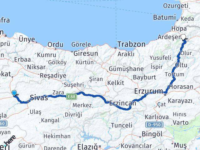 Sivas Yıldızeli Artvin Arası Kaç Km - Yol Haritası