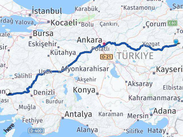 Sivas Yıldızeli Aydın Arası Kaç Km - Yol Haritası