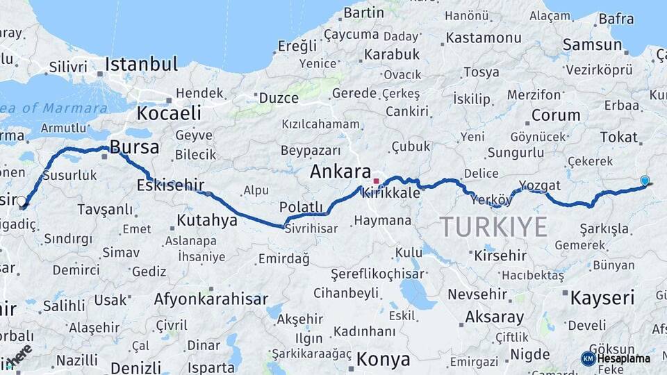 Sivas Yıldızeli Balıkesir Arası Kaç Km - Yol Haritası
