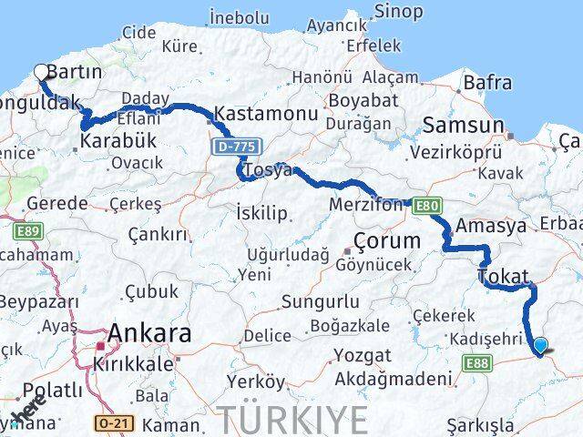 Sivas Yıldızeli Bartın Arası Kaç Km - Yol Haritası