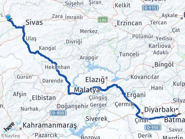 Sivas Yıldızeli Batman Arası Kaç Km - Yol Haritası