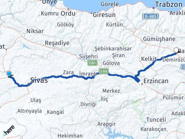 Sivas Yıldızeli Bayburt Arası Kaç Km - Yol Haritası
