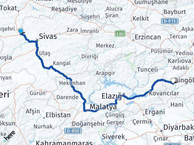 Sivas Yıldızeli Bingöl Arası Kaç Km - Yol Haritası