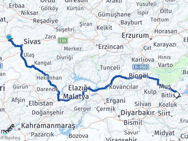 Sivas Yıldızeli Bitlis Arası Kaç Km - Yol Haritası