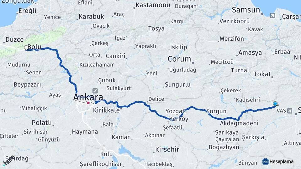 Sivas Yıldızeli Bolu Arası Kaç Km - Yol Haritası