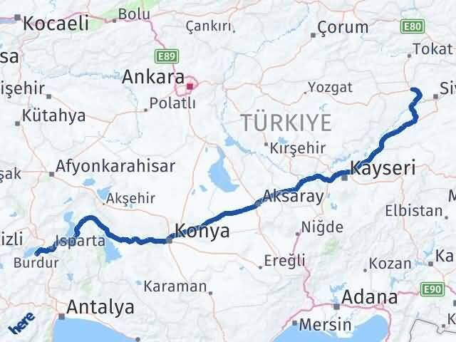 Sivas Yıldızeli Burdur Arası Kaç Km - Yol Haritası