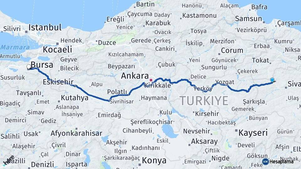 Sivas Yıldızeli Bursa Arası Kaç Km - Yol Haritası
