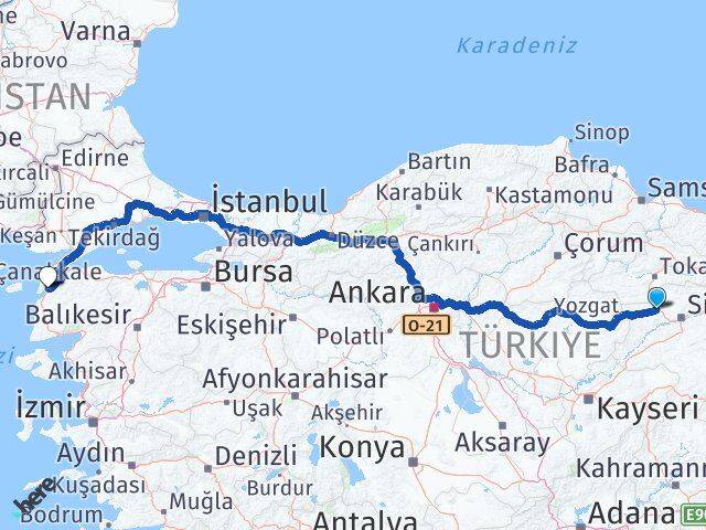 Sivas Yıldızeli Çanakkale Arası Kaç Km - Yol Haritası