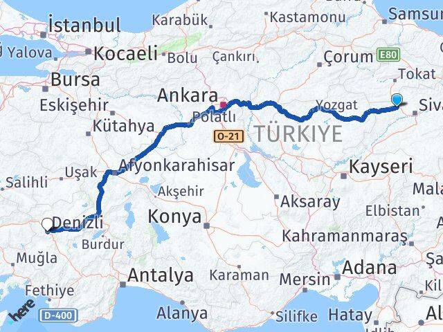 Sivas Yıldızeli Denizli Arası Kaç Km - Yol Haritası