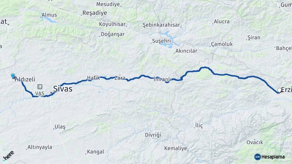 Yıldızeli Erzincan Arası Kaç Km - Yol Tarifi