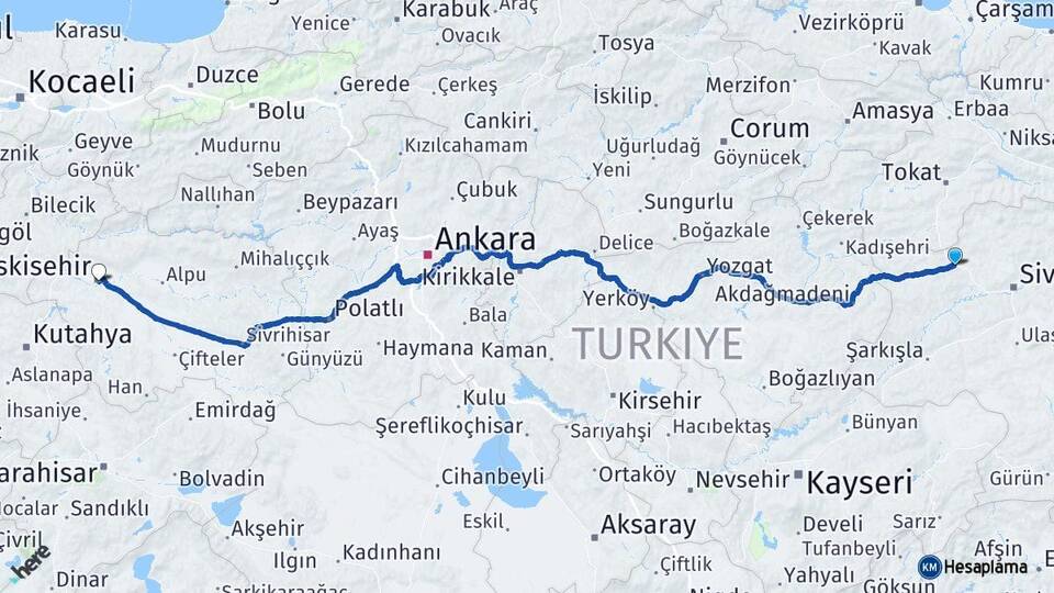 Sivas Yıldızeli Eskişehir Arası Kaç Km - Yol Haritası
