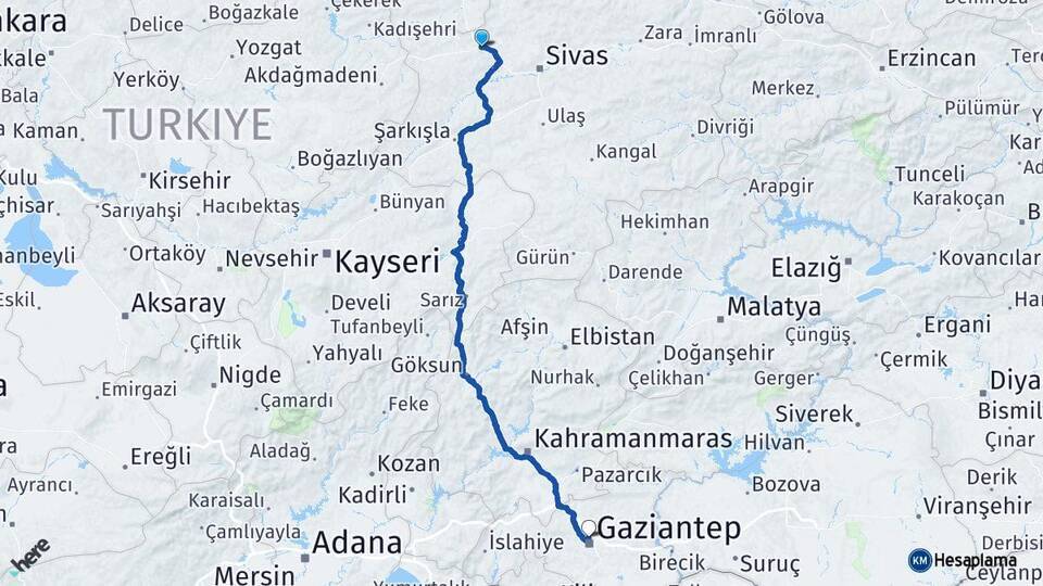 Yıldızeli Gaziantep Arası Kaç Km - Yol Tarifi