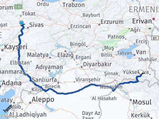 Sivas Yıldızeli Hakkari Arası Kaç Km - Yol Haritası