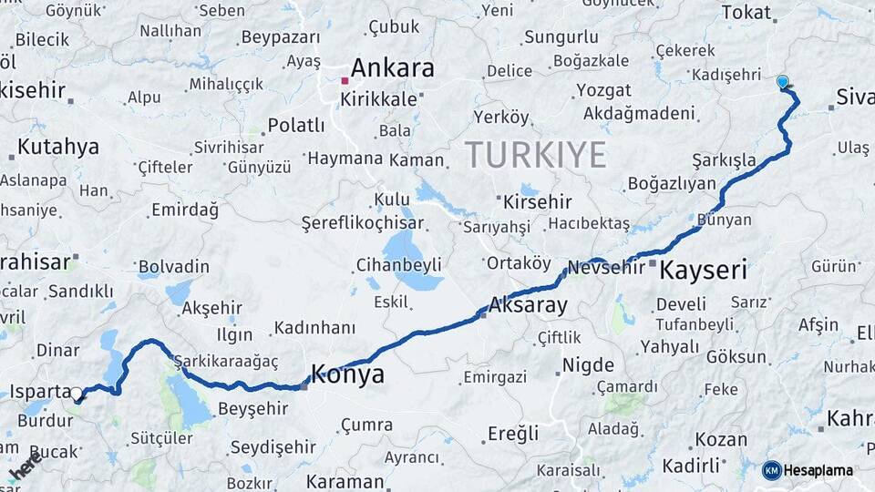 Sivas Yıldızeli Isparta Arası Kaç Km - Yol Haritası