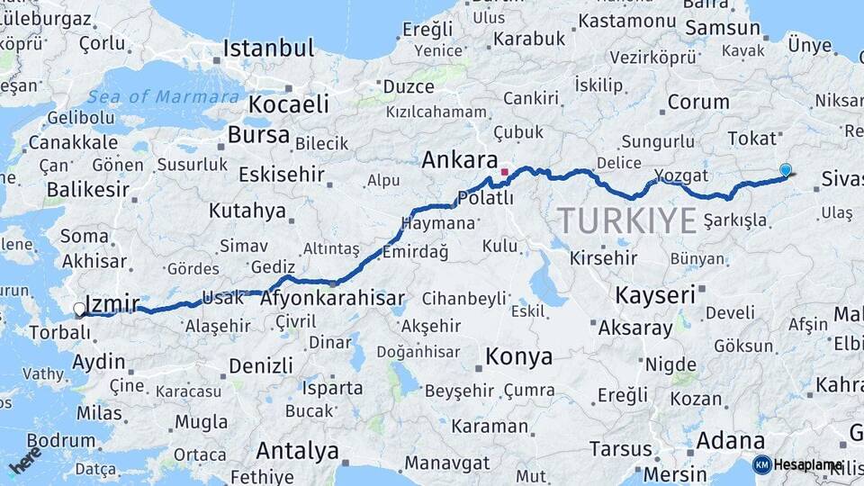 Sivas Yıldızeli İzmir Arası Kaç Km - Yol Haritası