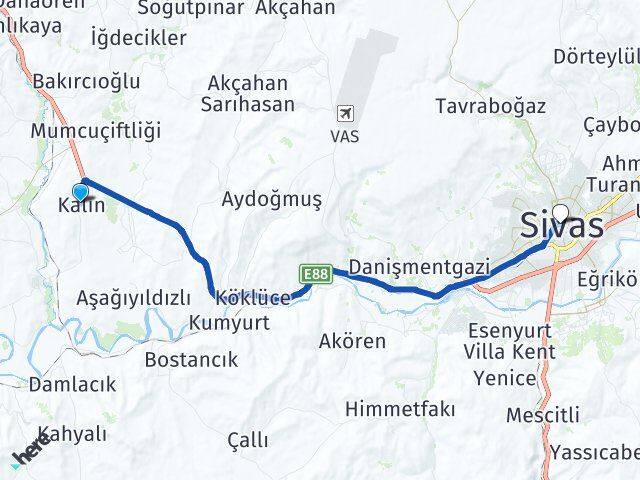 Sivas Yıldızeli Kalın Arası Kaç Km - Yol Haritası